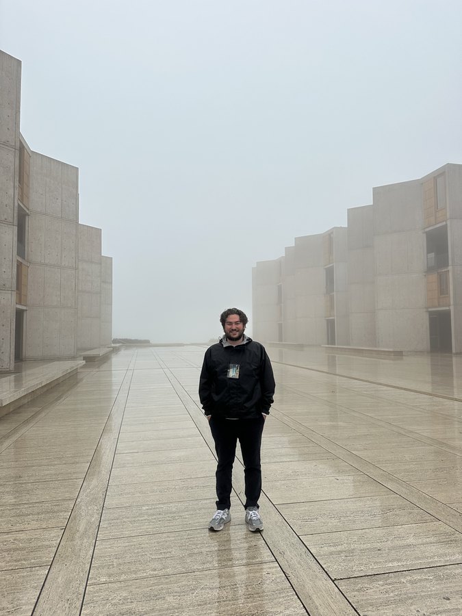 Adam at the Salk Institute in fog